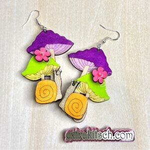 Magical Cottagecore Shroom Earrings - Handmade Laser Cut Wood - Black Light